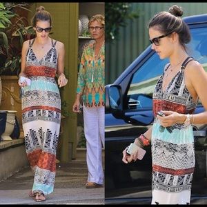 Black Print Silk Maxi Dress Leather Straps Medium